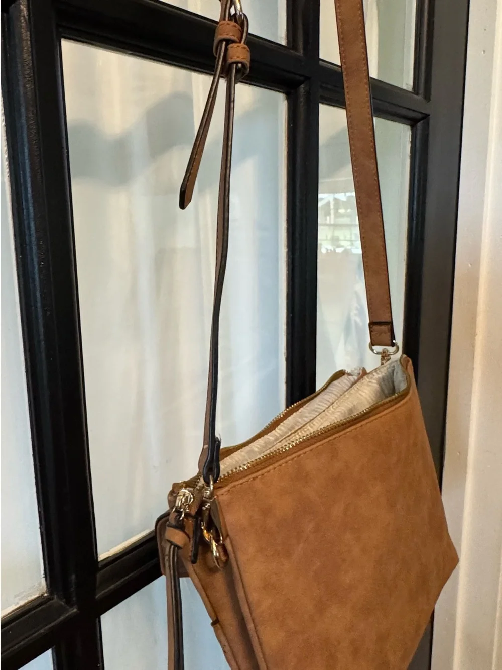 Tan Faux Leather Crossbody Bag with Laser-Cut Detail